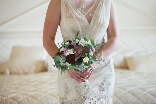 plum white and eucalyptus bouquet Destination elopement wedding Ireland 